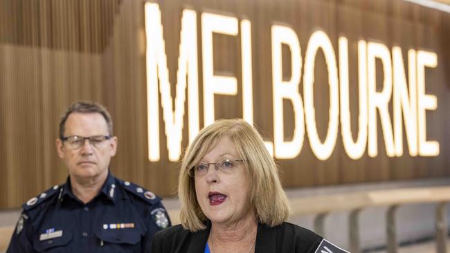 Police Minister Lisa Neville speaking at Melbourne Airport. Picture: Ian Currie