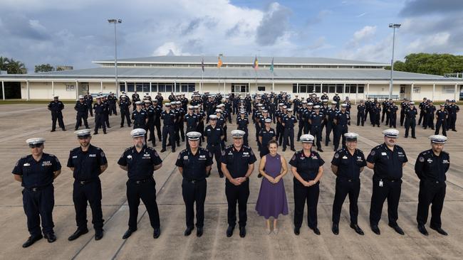 Drone shots of Chief Minister Lia Finocchiaro and NT Police Commissioner Michael Murphy with officers from NT Police in February 2025. Picture: NT Police