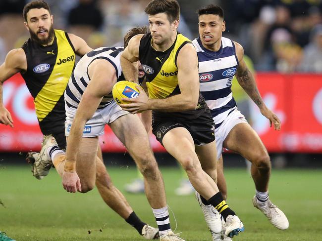 Richmond captain Trent Cotchin bursts out of the centre. Picture: Michael Klein