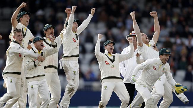 Australia celebrate after the final wicket was confirmed by the TV umpire. Picture: Getty Images