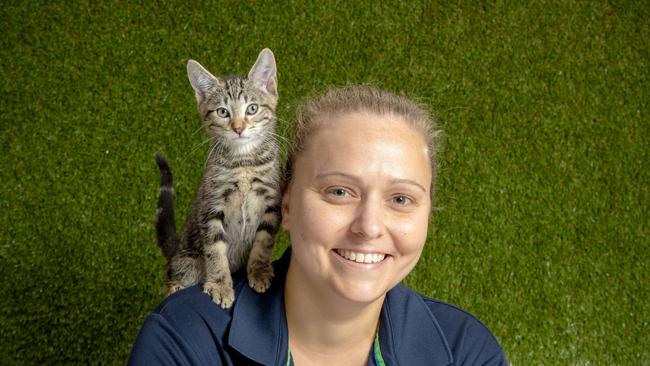 RSPCA QLD Adoption and Foster Manager Nellie Worringham with nine-week-old male kitten 'Hades' who was surrendered at Wacol. Picture: Richard Walker