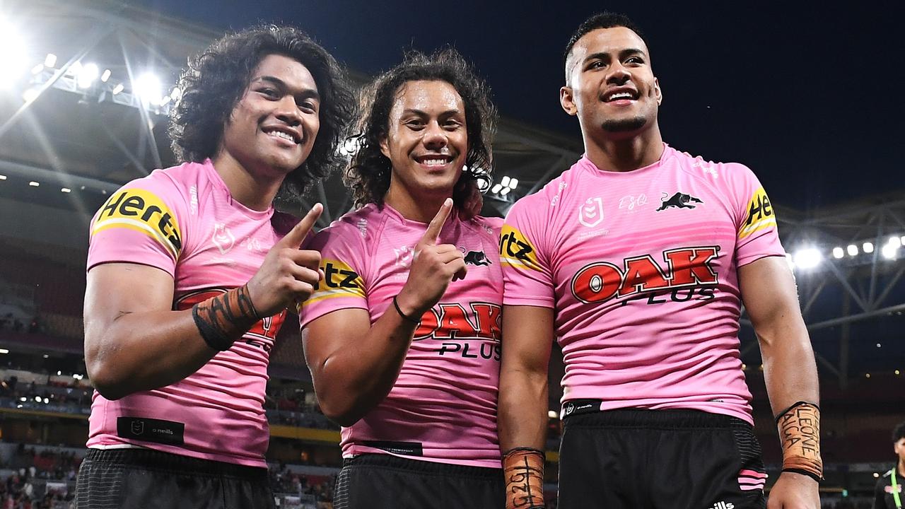 To'o (left), Jarome Luai (middle) and Crichton (right) have become best friends after their time together at Penrith, NSW and Samoa. Picture; Bradley Kanaris/Getty Images