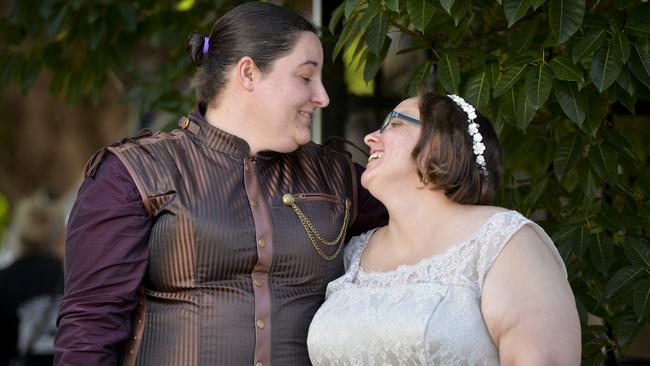 Sarah Lagasse, 33, and Sarah Jones, 31, were married in a Halloween themed wedding at Ipswich Courthouse on October 31.
