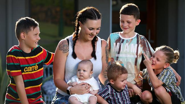 Leoni Muoio has had five boys and no girls – Tyler, 10, Harlie, 8, Olly, 6, Arlo, 1 and Chester, 4 months. Picture Adam Head