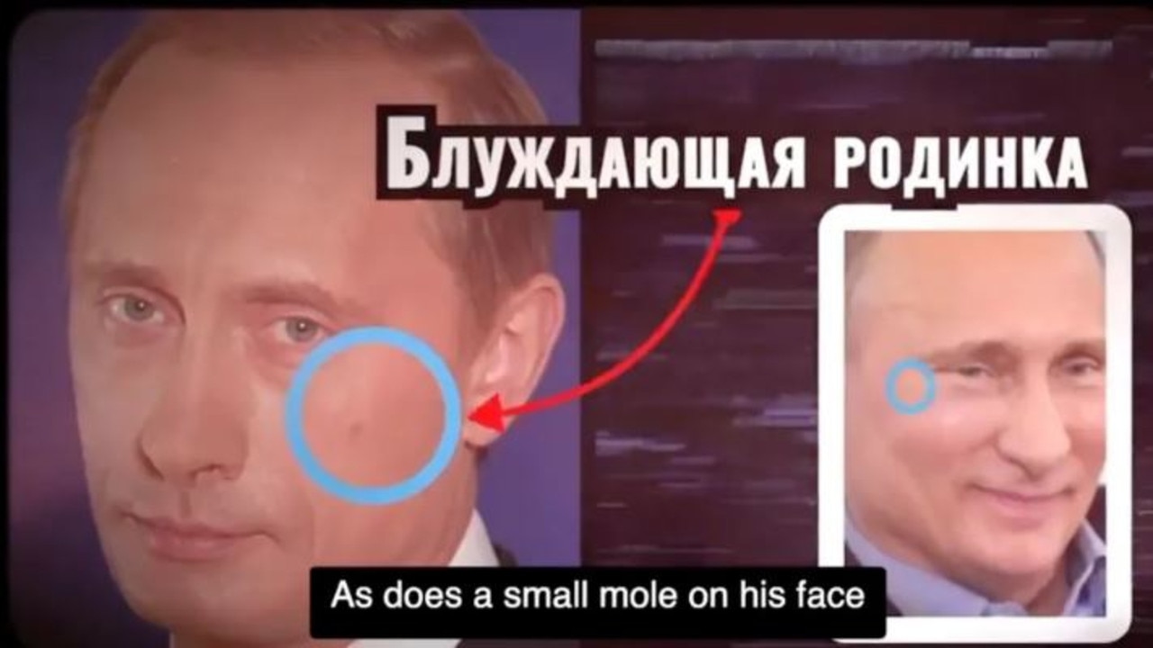 A viral video made from the tyrant’s Mariupol visit claimed a mole on his cheek changes position. Picture: Supplied