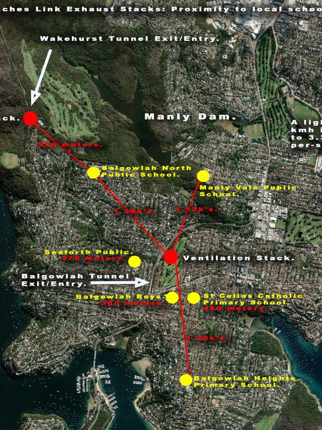 A graphic of schools and childcare centres closest to the Beaches Link tunnel exhaust stack. Credit Greg Cole.