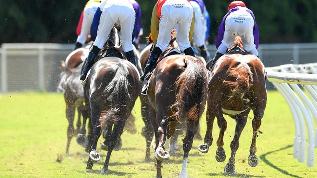 Horses race around the first turn at Eagle Farm. Picture: AAP Image—Albert Perez