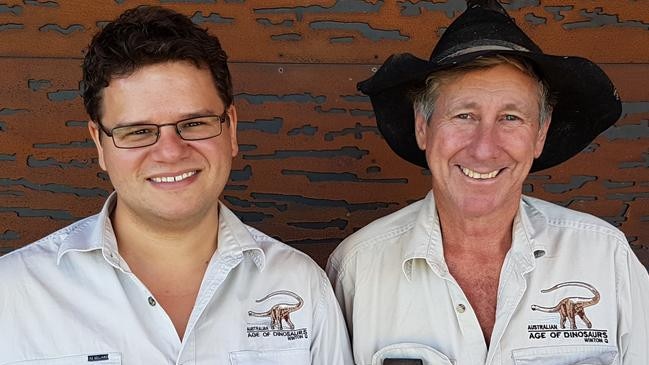 David Elliott (right), pictured here with Dr Stephen Poropat, discovered Australia’s first huge dinosaur in 1999. Picture: John Elliott &amp; Winton Shire Council