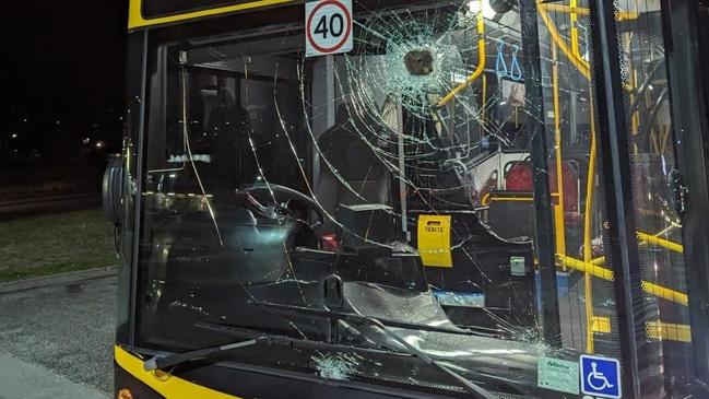 The aftermath of Wednesday night's rock-throwing incident on the East Derwent Highway, one rock piercing through the windshield. Picture: supplied.