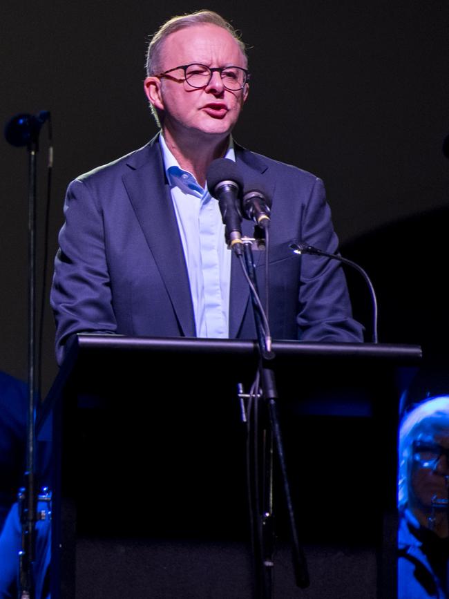 Anthony Albanese addressed the candlelight vigil at Dolphin Court, Bondi Beach to honour the victims of the Bondi Junction tragedy. Picture: NCA NewsWire/Monique Harmer