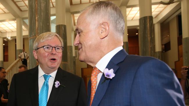 Former Prime Ministers Kevin Rudd and Malcolm Turnbull both lost their jobs over a limited carbon policy that both parties had supported at a federal election. Picture: Kym Smith