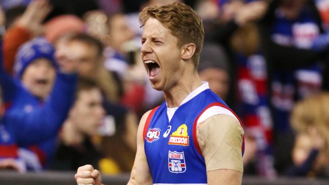 Lachie Hunter celebrates a goal in the last quarter. Picture: Michael Klein