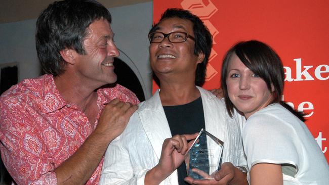 Fashion designers Joff Chappell with Razak and Emily Parker at Sugar Nightclub for the innaugural Adelaide Scene Awards in 2005.