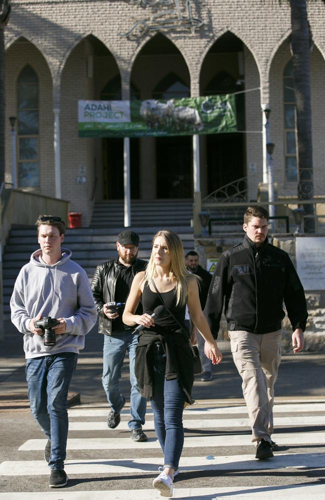 Southern and her crew outside the Lakemba Mosque. Picture: Tim Pascoe