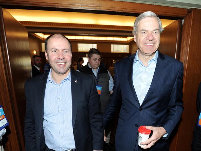 Josh Frydenberg and Michael Kroger arrive at the Liberal Party election launch at the Ivanhoe Centre. Picture: Andrew Henshaw