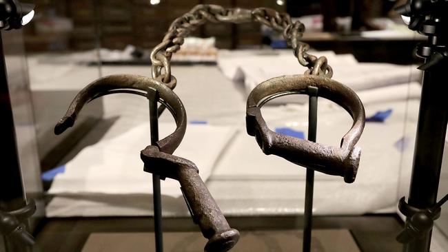 Slave shackles displayed at the Smithsonian's National Museum of African American History and Culture in Washington DC.