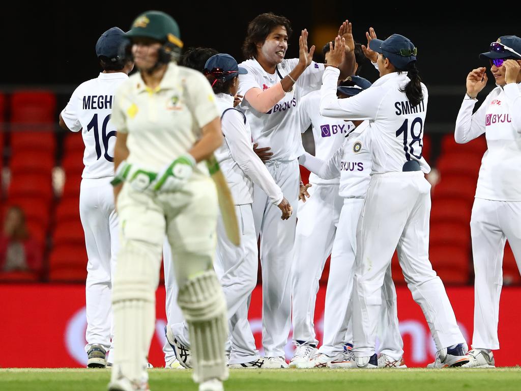 Alyssa Healy walks off after being dismissed by Jhulan Goswami of India. Picture: Chris Hyde/Getty Images