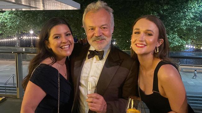 Maddie Dunne with Graham Norton and friend Jess at the BAFTA awards after-party. Picture: Supplied