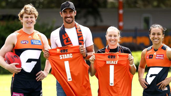 Australian cricketers Mitchell Starc and Alyssa Healy who have been announced as the number one ticket holders for the GWS Giants in season 2025, pictured with Tom Green and Rebecca Beeson Photo by Phil Hillyard (Image Supplied for Editorial Use only - **NO ON SALES** - Â©Phil Hillyard )