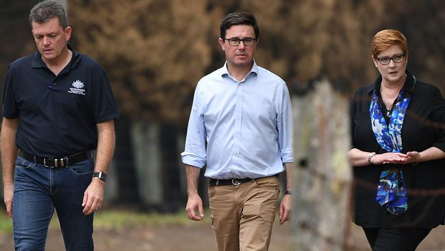 L-R: National bushfire recovery chief Andrew Colvin, Emergency Management Minister David Littleproud and Foreign Affairs Minister Marise Payne in Bilpin on Monday. Picture: AAP