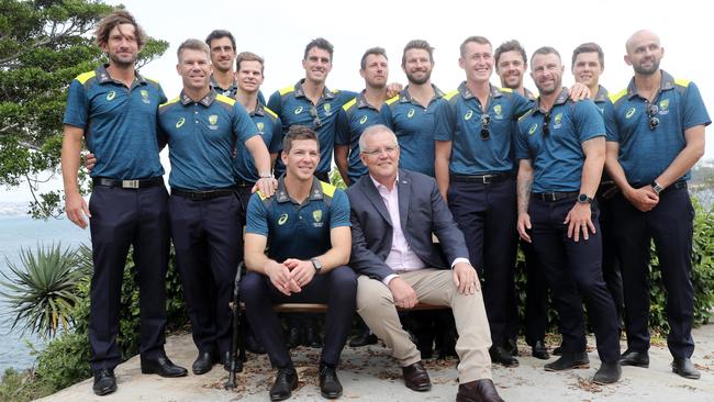 Prime Minister Scott Morrison with the Australian Test Cricket team at the New Year’s Day Reception at Kirribilli House. Picture: Richard Dobson