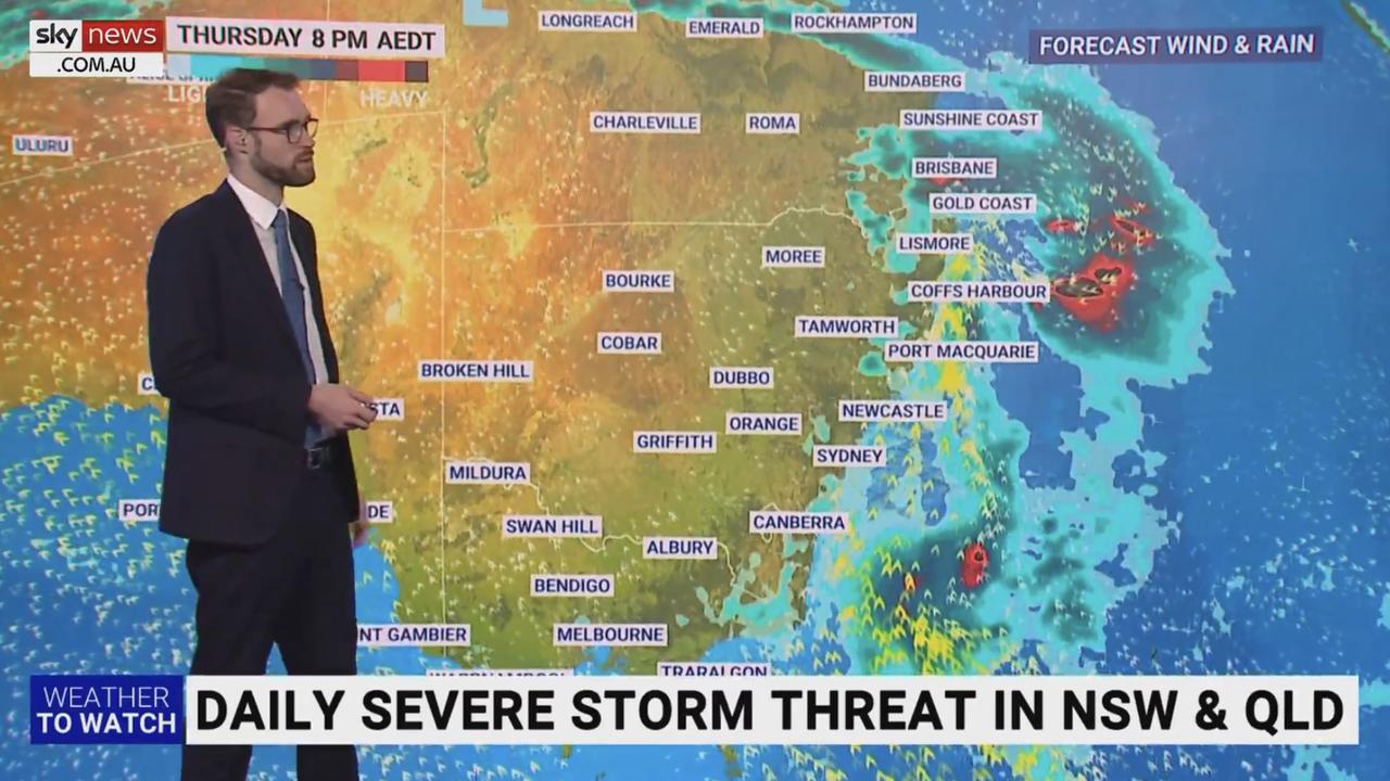 Severe thunderstorms are toying with the east coast, from southern NSW to southeast Queensland. Picture: Sky News Weather