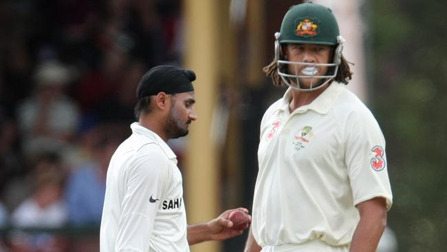 Andrew Symonds (r) with Harbhajan Singh in the 2nd Test against India in 2008.