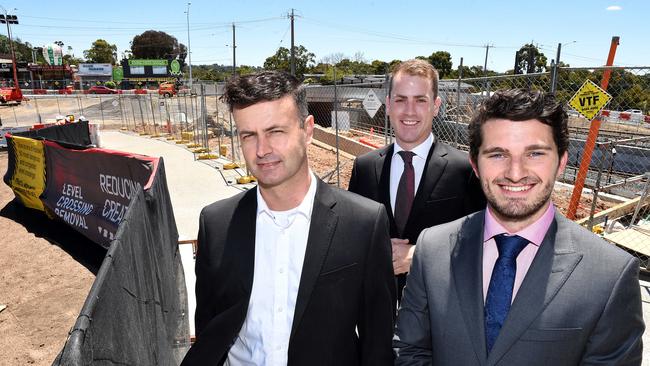 Knox councillors Adam Gill and Jake Keogh with now Bayswater state Labor MP Jackson Taylor (centre). Picture: Steve Tanner