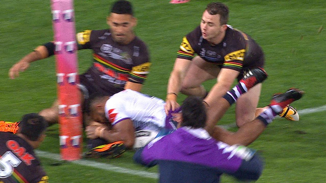 Tyrone May was penalised for stopping a try with his foot.