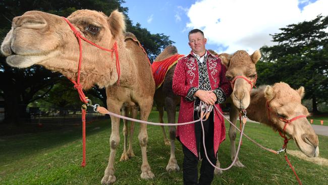 Beau Pearson at Riverway with (L-R) Sahara, Ruby and Cleo from Hudsons Circus. Picture: Evan Morgan