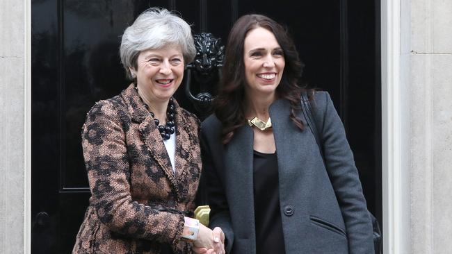 Theresa May greets Jacinda Ardern outside 10 Downing Street. Picture: Mega. 