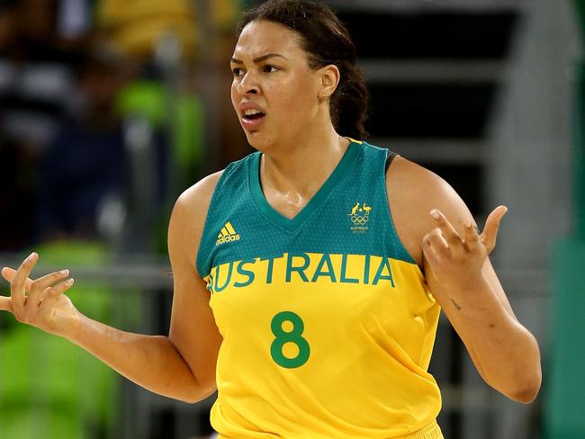 RIO DE JANEIRO, BRAZIL - AUGUST 07: Elizabeth Cambage #8 of Australia gestures as she runs upcourt against Turkey during a Women's Basketball Preliminary Round game at the Rio 2016 Olympic Games on August 7, 2016 in Rio de Janeiro, Brazil. (Photo by Sean M. Haffey/Getty Images)