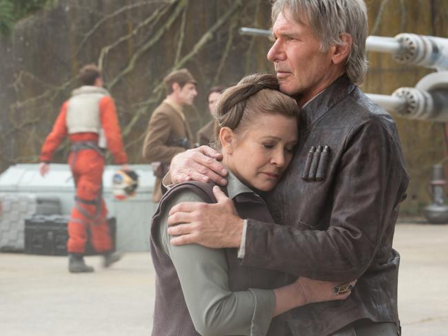 Carrie Fisher as Leia and Harrison Ford as Han Solo reunite in Star Wars: The Force Awakens. Picture: Supplied