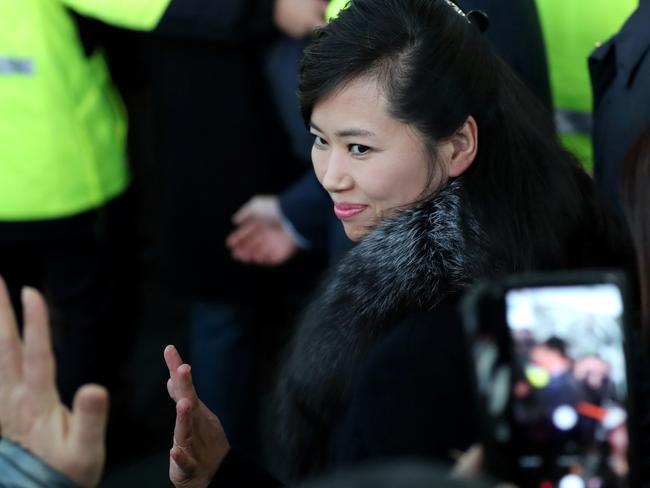 North Korean singer Hyon Song-wol waves as she arrives at the Gangneung Railway Station in South Korea ahead of the North’s inclusion in the Winter Olympics. Picture: Kim In-chul/Yonhap/AP