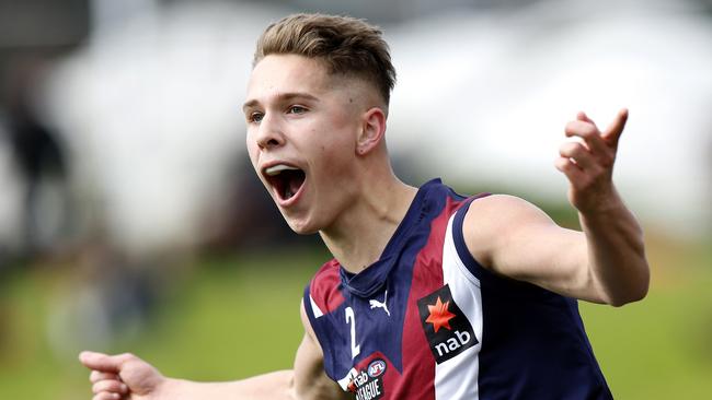 Charlie Clarke of Sandringham celebrates a goal during the NAB League Boys Preliminary Final match between Gippsland and Sandringham at ETU Stadium on September 10, 2022. (Photo by Jonathan DiMaggio/AFL Photos/via Getty Images)