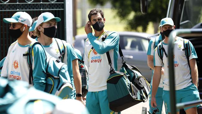 Australian cricketers who are not quarantining arrive for a training session at the SCG ahead of their ODI series against India. Picture: Phil Hillyard