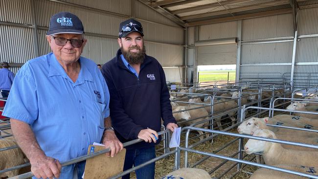 Ray Norman, Glenray Merino stud at Illabo, NSW, and farm hand Pat Toohey, were in the market for White Suffolk rams at the Trigger Vale sale near Lockhart, NSW.