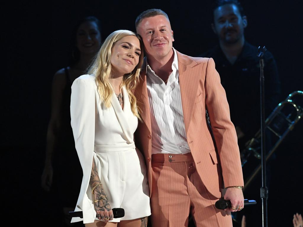 Skylar Grey and Macklemore perform onstage during the 2017 American Music Awards at Microsoft Theater on November 19, 2017 in Los Angeles, California. Picture: Getty