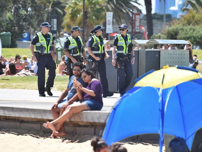 Police patrol St Kilda foreshore. Picture: Tony Gough