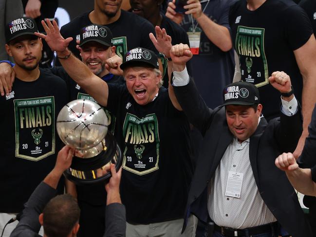 The Milwaukee Bucks with the Eastern Conference Finals trophy.