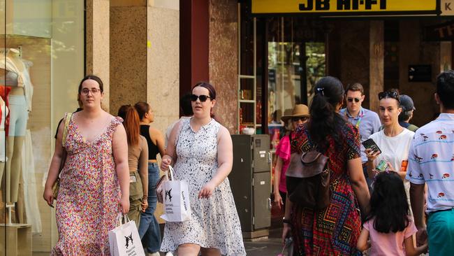 Shoppers in Sydney’s Pitt Street Mall during January, where mask-wearing has become increasingly uncommon as people move on from the pandemic. Picture: NCA NewsWire / Gaye Gerard