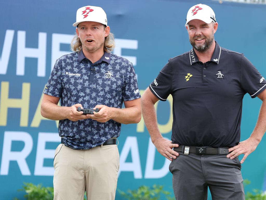 Cam Smith (left) and Marc Leishman relax ahead of the Australian PGA Championship at Royal Queensland. Picture: Lachie Millard