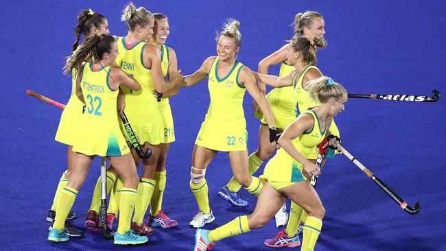 Jodie Kenny celebrates with teammates. Picture: Getty Images.