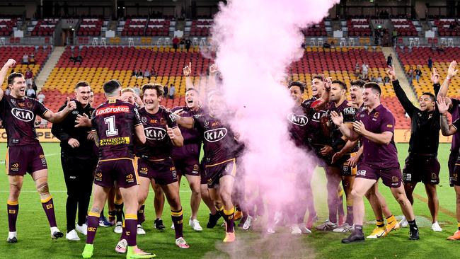 Broncos players celebrate Darius Boyd’s poorly timed gender reveal.