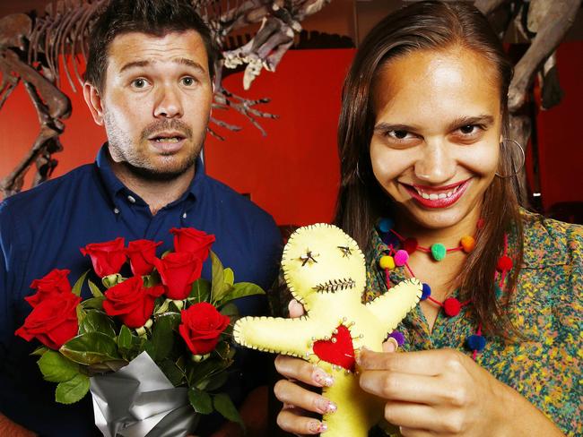 Nathan Sentance and Kodi Galleghan get ready for the The Australian Museum's Anti-Valentine's Day event on February 14. Picture: John Appleyard