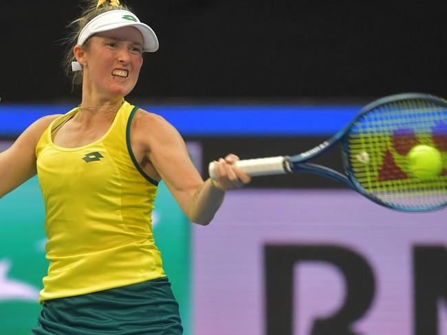 Storm Sanders of Australia returns a ball to Elise Mertens of Belgium  during a group match during Billie Jean King Cup finals between Australia and Belgium  in O2 Arena on November 2, 2021 in Prague . (Photo by Michal Cizek / AFP)