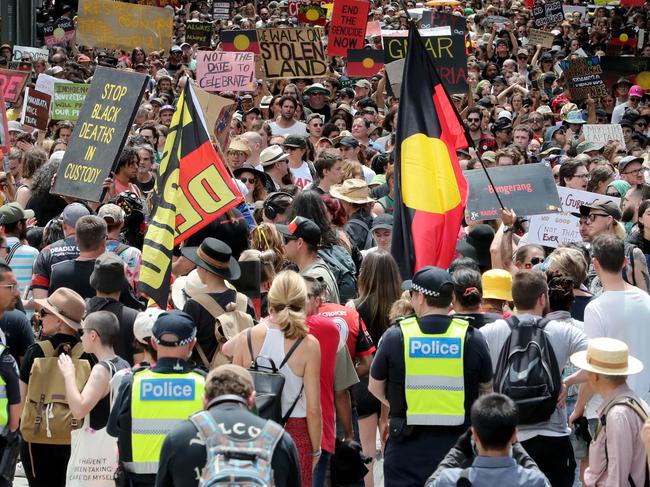 24/01/2020 Thousands of protestors attend the Invasion day march in Melbourne. David Geraghty / The Australian.