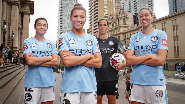 City players Lydia Williams, Steph Catley, Alanna Kennedy and Jodie Taylor pose. (Photo by Scott Barbour/Getty Images)