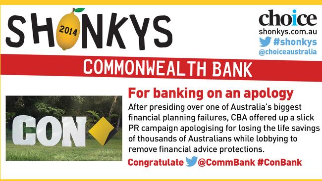 The Commonwealth Bank received a shonky over a PR campaign apologising for a decade of dodgy advice.