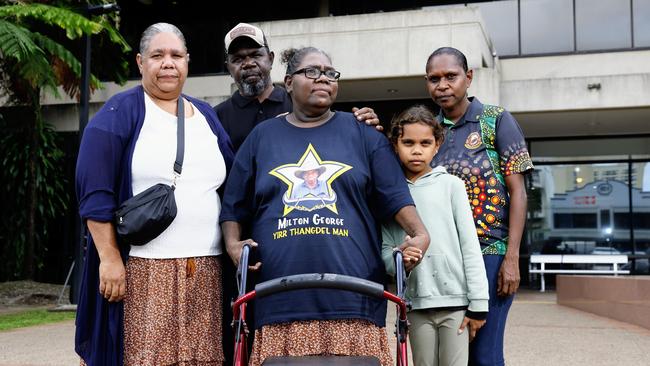 Family of Mr George (L-R) Francine Gilbert, Jacob Aidan, Gwenette George, Taylilah Zingle and Elwina Bernard comfort each other outside the Cairns Coroner's Court on the final day of the coronial inquest into his death in police custody. Picture: Brendan Radke